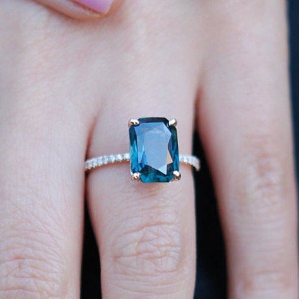 Peacock sapphire engagement ring. Hidden halo, 3ct emerald cut blue green sapphire and diamond ring, 14k Rose gold ring by Eidelprecious.