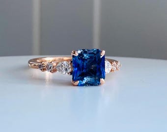 Deep Blue Green Parti Sapphire Ring. Peacock blue Sapphire and Diamond engagement Ring. 14k rose gold engagement ring by Eidelprecious