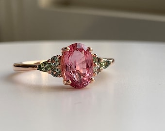 Padparadscha sapphire engagement ring. Pink and green gemstone ring. Floral engagement ring by  Eidelprecious