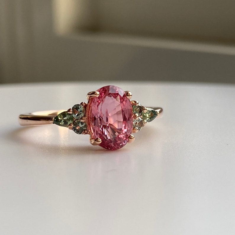 Padparadscha sapphire engagement ring. Pink and green gemstone ring. Floral engagement ring by Eidelprecious image 1