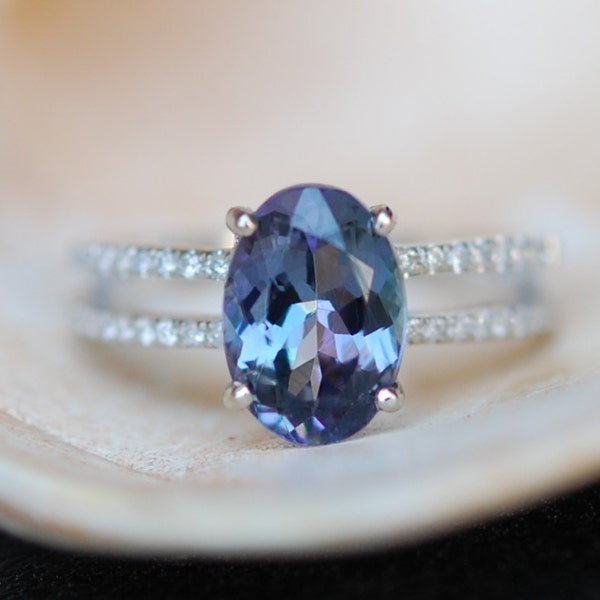 Verlobungsring. Tansanit Ring. Blaue Tansanit 2,2 ct ovalen Doppelband Verlobungsring 14k White Gold.