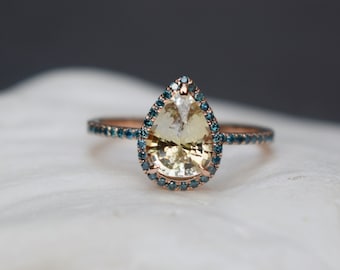 Champagne yellow sapphire ring. Rose gold ring. Pear 2.3ct champagne sapphire diamond ring 14k rose gold. Engagement ring by Eidelprecious