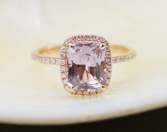 Smokey Peach Sapphire Ring, Rose Gold Diamond Engagement Ring, Cushion Ice Peach sapphire