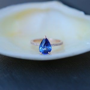 Blue sapphire ring. Pear cut Sapphire Ring 2.5ct. 14k Rose Gold Diamond ring Pear Sapphire Ring by Eidelprecious. Something Blue. image 3