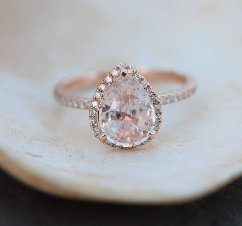 Engagement Ring White Sapphire Engagement Ring 14k Rose Gold 3ct, Pear Cut White Sapphire Ring. Engagement ring by Eidelprecious image 3