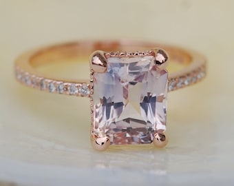 Blake Lively ring Mauve Blush Engagement Ring emerald cut 14k rose gold diamond ring 2.94ct sapphire ring