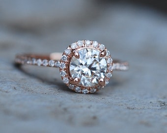 Classic Moissanite Engagement ring round crashed ice moissanite ring, Champagne moissanite ring with natural diamonds rose gold ring