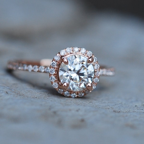 Classic Moissanite Engagement ring round crashed ice moissanite ring, Champagne moissanite ring with natural diamonds rose gold ring