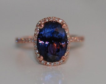 Tanzanite engagement Ring. Rose Gold Engagement Ring Indigo Blue Tanzanite cushion cut halo engagement ring 14k rose gold ring