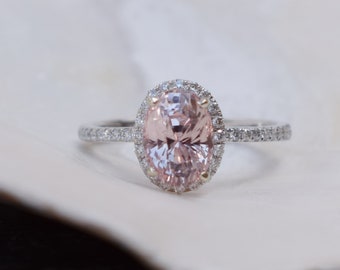 Ginger peach sapphire ring. 2.48ct sapphire engagement ring. White gold sapphire engagement ring. Halo engagement ring by Eidelprecious