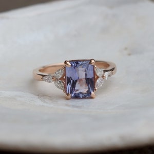 Lavender Sapphire Engagement Ring: 2ct Emerald Cut, Rose Gold Trillium Setting