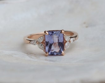 Lavender sapphire engagement ring. 2.05ct emerald cut ring Rose gold ring. Trillium Engagement ring Eidelprecious