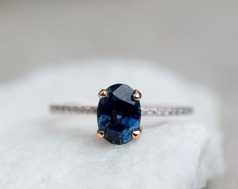 Navy blue sapphire engagement ring. Peacock blue sapphire 2.3ct oval diamond ring 14k Rose gold. Engagement ring by  Eidelprecious.