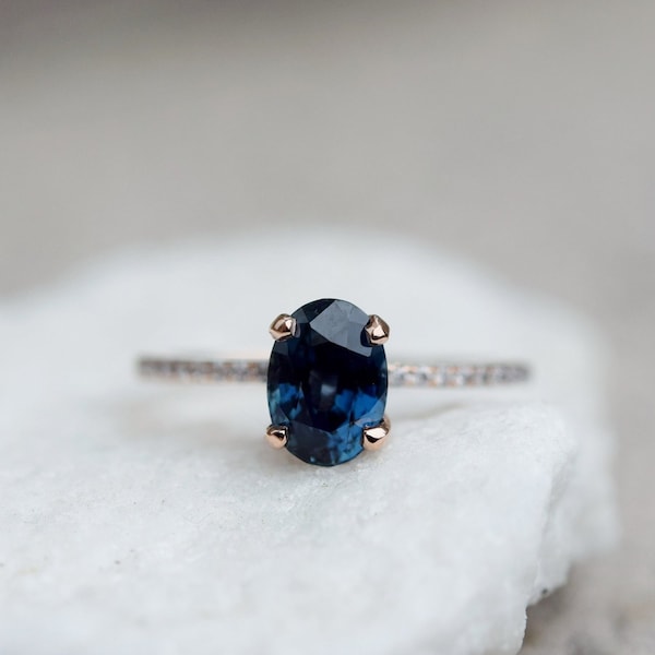 Navy blue sapphire engagement ring. Peacock blue sapphire 2.3ct oval diamond ring 14k Rose gold. Engagement ring by  Eidelprecious.