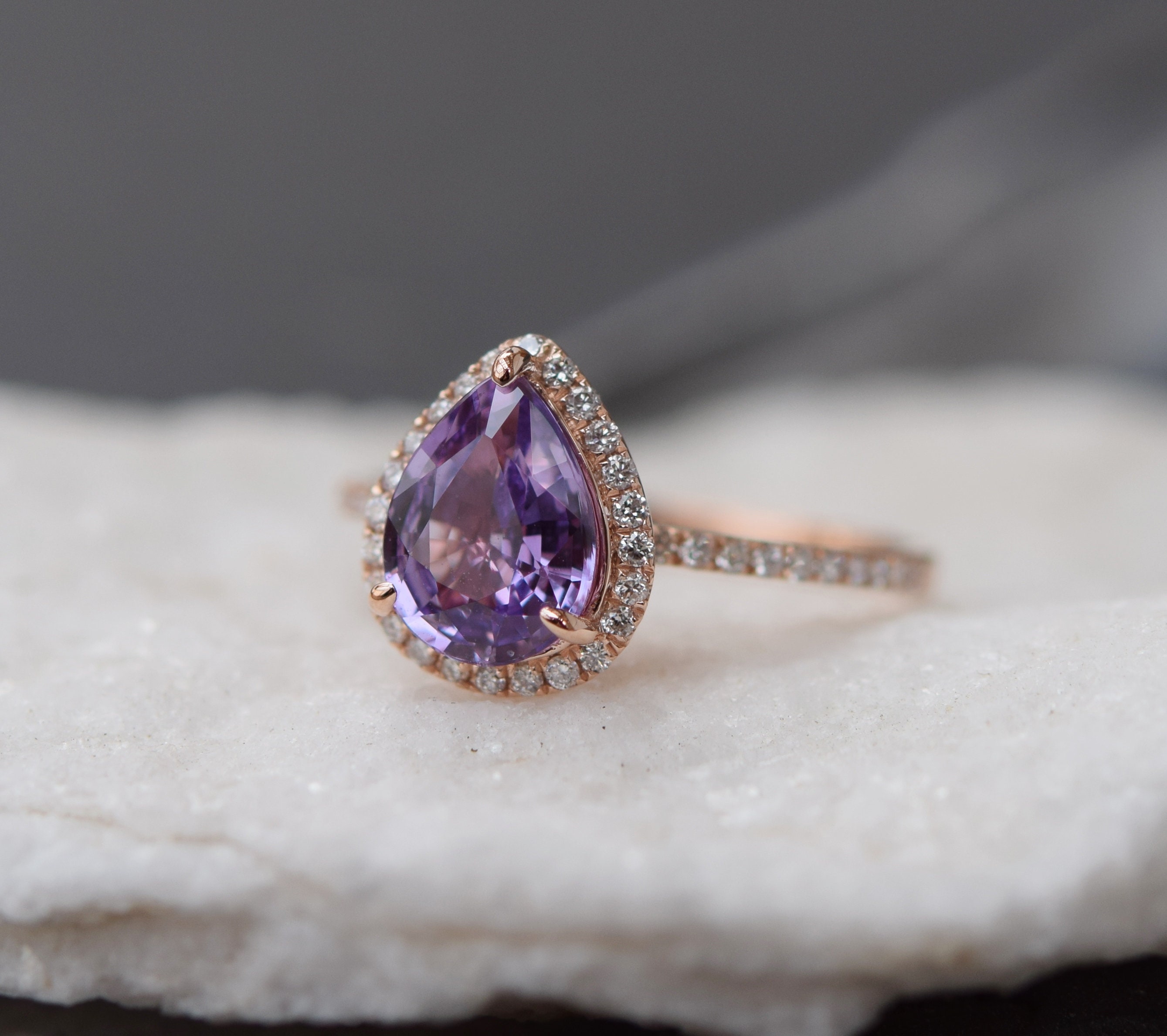 Lavender sapphire ring. 2ct Pear cut purple lavender sapphire 14k rose ...