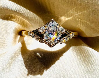Aletta -2 Gold Pear Cut Lab Diamond Engagement Ring: Butterfly Wing Setting