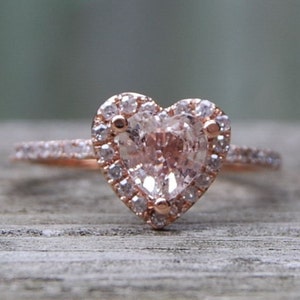 Heart Engagement ring. Peach champagne sapphire ring. Rose gold diamond ring by Eidelprecious image 2
