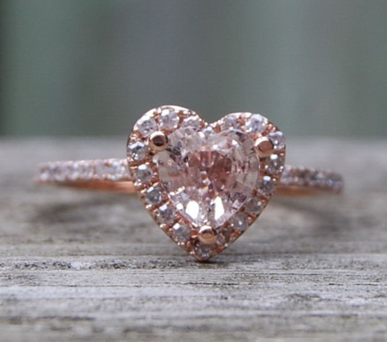 Heart Engagement ring. Peach champagne sapphire ring. Rose gold diamond ring by Eidelprecious image 2