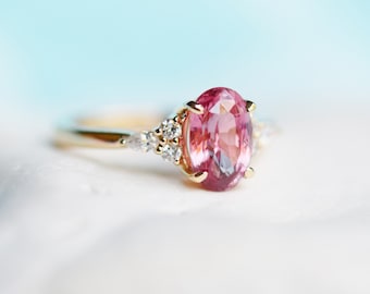 Padparadscha sapphire engagement ring. Sapphire oval diamond ring 14k yellow gold. Campari Engagement ring by  Eidelprecious