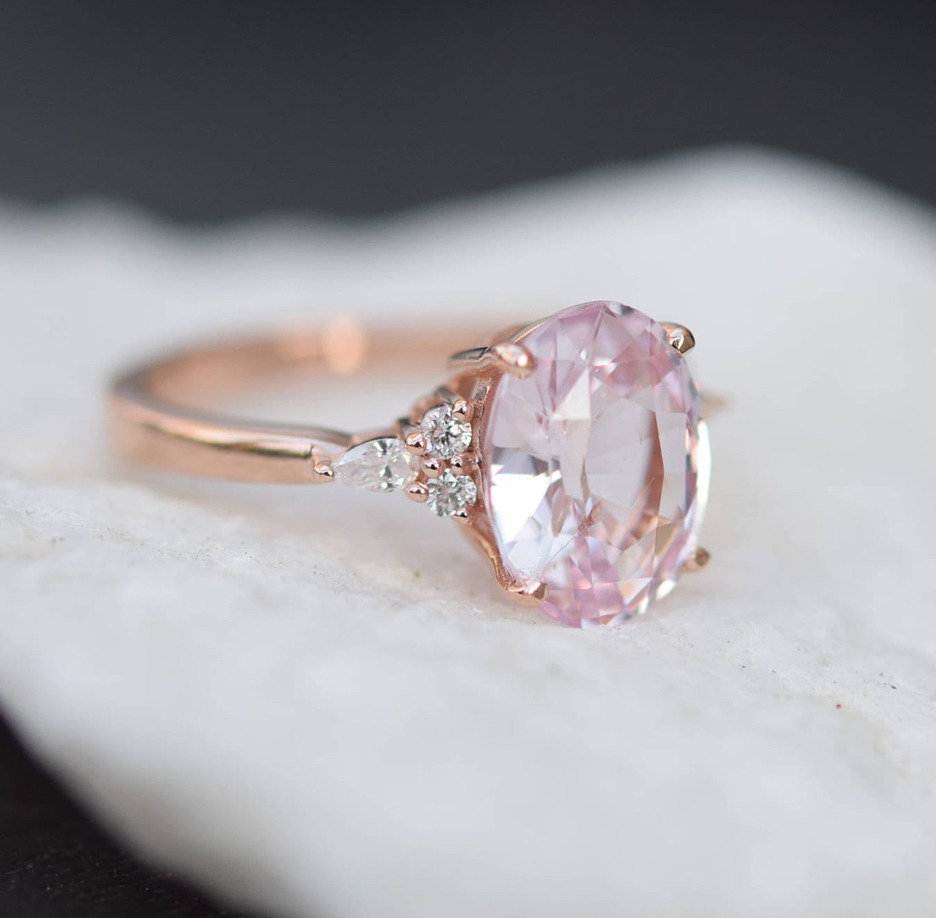 Blush sapphire engagement ring. Light peach pink sapphire oval diamond ...