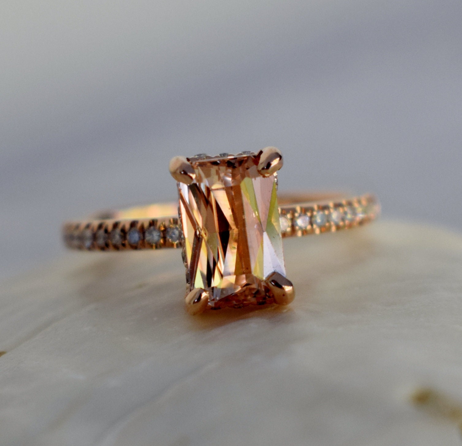 Emerald cut cheap peach sapphire ring