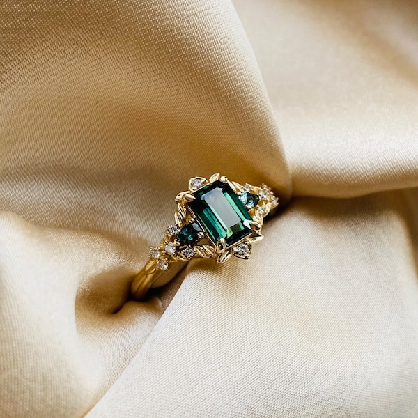 Arwen Emerald Cut Teal Sapphire Engagement Ring: 14k Yellow Gold Diamond Fantasy Ring