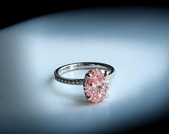 Blake Oval Pink Diamond Ring. Sunset padparadscha diamond Engagement Ring, White gold, hidden halo, pave ring by Eidelprecious