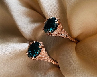 Whimsical green moissanite engagement ring. Filigree ring rose gold. Fairy ring. Carved promise ring. Delicate engagement ring