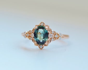 Arwen teal sapphire engagement ring. LOTR Fantasy ring. Rose gold engagement ring. Teal sapphire and diamond ring by Eidelprecious