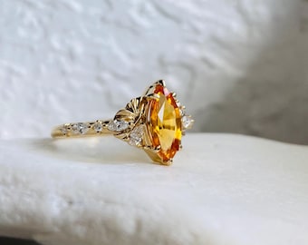 Orange Sapphire Fiore Alpha Ring: 14k Gold Lab Diamond Floral Engagement