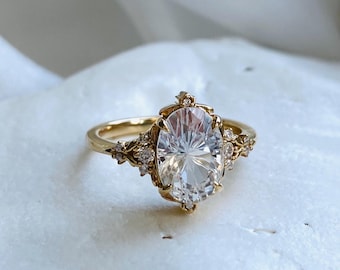 White Sapphire Engagement Ring, 2.5ct Starburst Fantasy Cut, Renaissance Fair Ring, 14k Gold