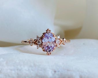Dela Dusty Lavender Sapphire Ring: 14k Rose Gold Diamond Fantasy Engagement Ring