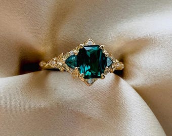 Eowen Elven Emerald Lab Grown Diamond Engagement Ring Gold. Fantasy inspired  engagement ring. Whimsical Fairytale Ring for romantic bride