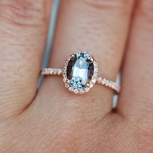 Green blue sapphire engagement ring. Mint sapphire 2.05ct oval halo diamond ring 14k Rose gold. image 4