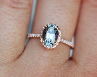 Green blue sapphire engagement ring. Mint sapphire 1.8ct oval halo diamond  ring 14k Rose gold.