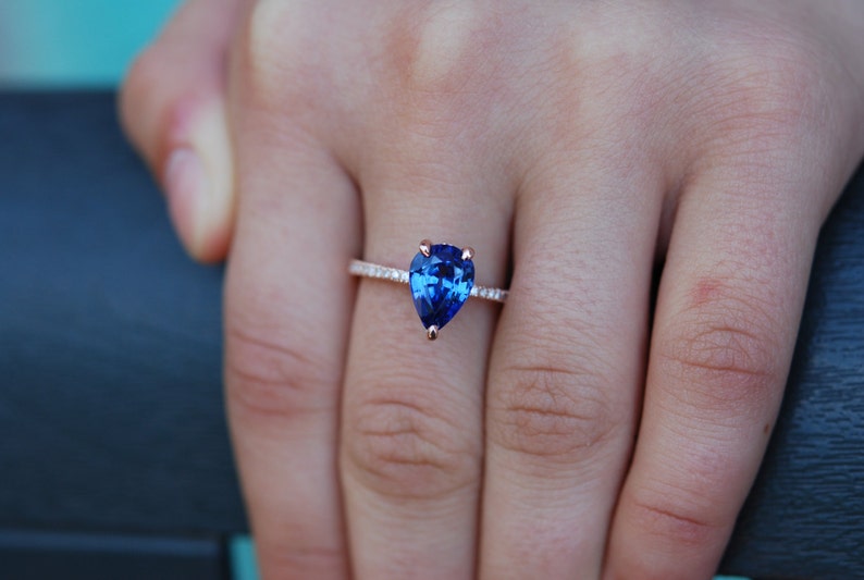 Blue sapphire ring. Pear cut Sapphire Ring 2.5ct. 14k Rose Gold Diamond ring Pear Sapphire Ring by Eidelprecious. Something Blue. image 2