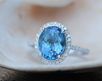 Engagement ring. Tanzanite ring. Lavender Mint Tanzanite 3.77ct Oval halo engagement ring 14k white gold.