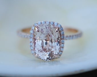 Rose gold engagement ring Peach sapphire ring 4.46ct cushion sapphire 14k rose gold diamond ring by Eidelprecious