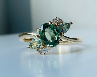 Mint Green sapphire ring. Unique Floral Summer jewellery 2024. Mint green sapphire and diamond ring 14k gold by Eidelprecious