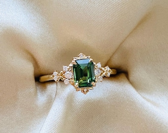 Dela Elvish Forest Green Sapphire gold ring. Fantasy inspired elven unique engagement ring. Delicate Romantic Fairytale Ring.