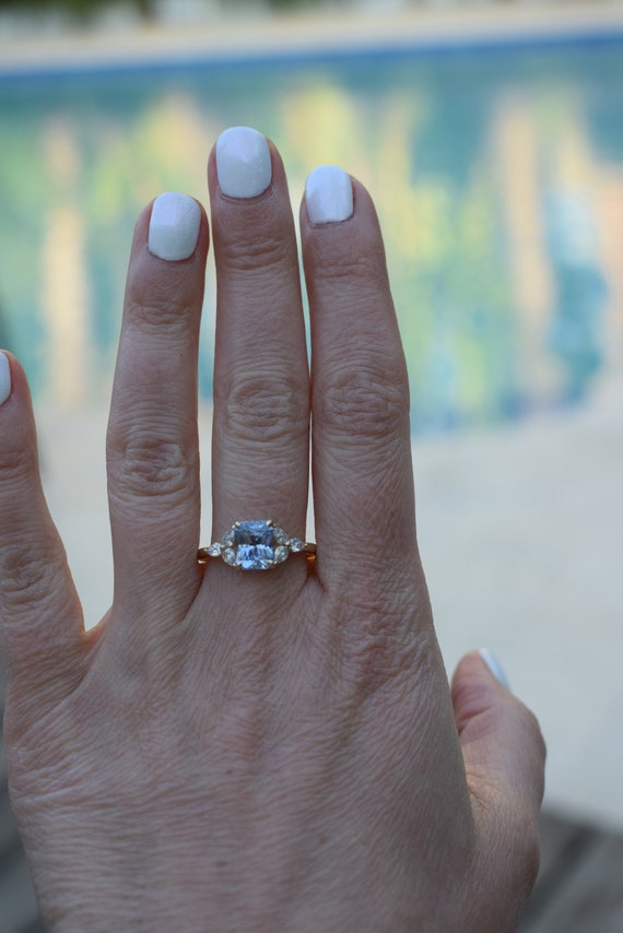 Halo Diamond Light Blue Sapphire Ring Rose Gold Pear Engagement Ring | La  More Design