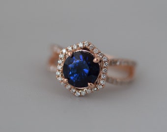 Hexagon Engagement Ring. Royal blue green peacock blue Sapphire Ring. 14k Rose Gold 2ct Round sapphire engagement ring by Eidelprecious