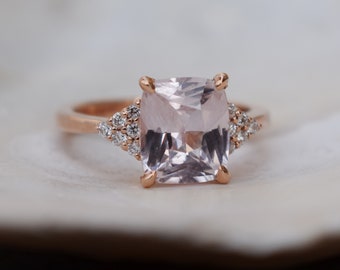 Ice peach sapphire engagement ring. 3.2ct radiant cut light peach sapphire ring diamond ring rose gold ring Martini by Eidelprecious.