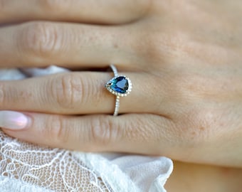 Midnight Blue Sapphire engagement ring. Deep blue pear sapphire diamond ring 14k white gold. Halo pear shape sapphire ring Eidelprecious