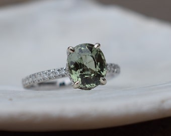 Sage Green Sapphire Engagement Ring, White gold Sapphire diamond engagement ring. Oval Green sapphire Ring. 14k white gold Eidelprecious