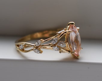 Marquise peach sapphire engagement ring. OOAK ring. Peach Champagne sapphire and diamond ring. Unique cluster ring.