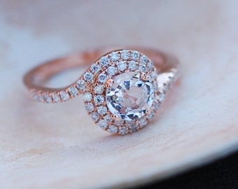 Rose gold engagement ring Peach sapphire swirl diamond ring 14k rose gold round sapphire