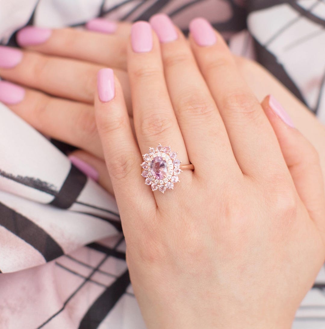 Sapphire Engagement Ring Oval Pink Sapphire Ring Diamond Ring Rose