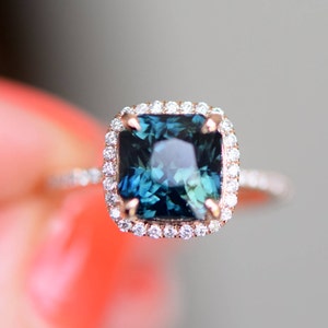 Peacock sapphire engagement ring. 3ct square cushion cut blue green sapphire ring diamond ring 14k Rose gold ring by Eidelprecious