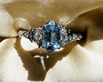 Eowen Aquamarine Engagement Ring: 14k White Gold, Moissanite Accents